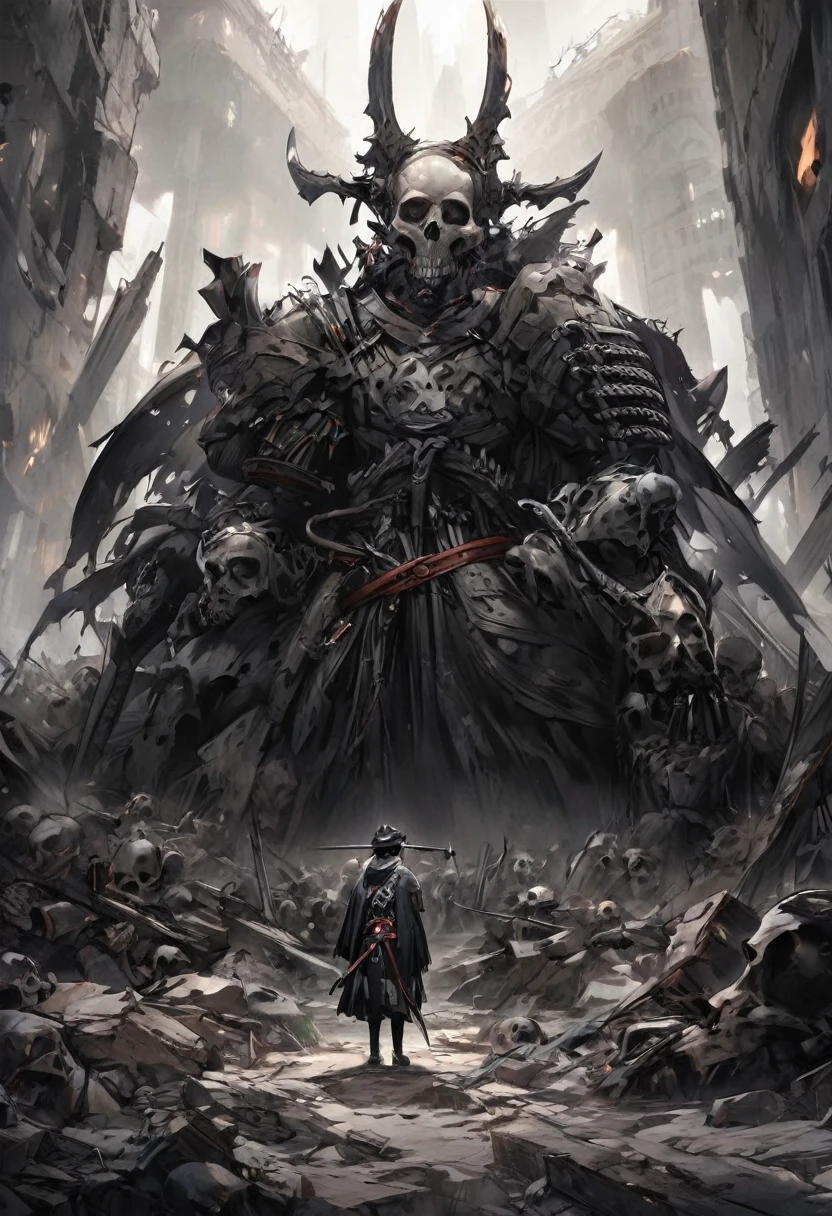 In the midst of desolate ruins, samurai raise their swords and stand on a rock artistically depicted as a skull emblem, its firm and somber image contrasting with a dark background.