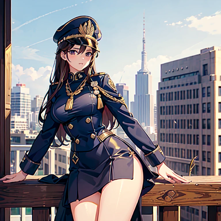 Women (upper body: 1.2 1 girl, masterpiece, top quality, super detailed, illustrations, big eyes and detailed face), wide waist, huge breasts, attractive, viewer looking, curvaceous, sensual, full-body, (late age women), solo, (curves: 1), big buttocks, thighs, (navy blue military officer uniform), (navy blue tight skirt), brown leather belt with gold buckle (gold trimming of costume), (medal on chest), ( Rank symbol on arm), (military cap with gold symbol), (posing seductively on the balcony), warm lighting, watching the viewer, (medium shot photo), (city council building background), anime style
,ชุดรัดรูป, camel toe, โชว์กางเกงใน , โชว์หน้าอก, หัวนม,