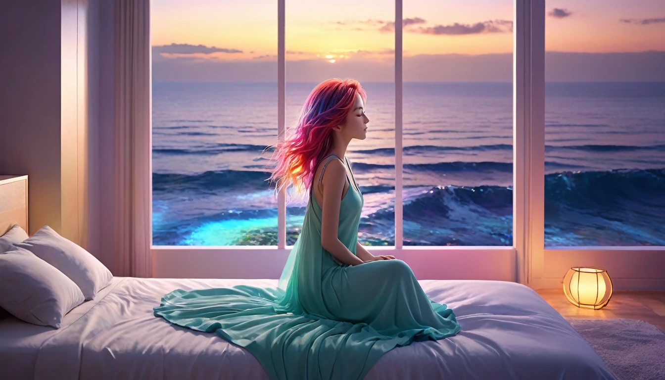 {{masterpiece}}, Highest quality, Highly detailed CG synthesis 8k wallpaper, Cinema Lighting,Minimalist Style,Ocean View Room, Woman sleeping in bed,Close your eyes and sleep,Large windows with ocean views, quiet night. , Multi-coloured hair, (Colorful Hair:1.5),