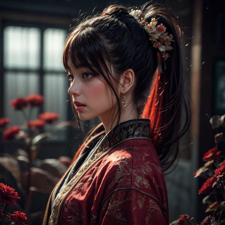a girl with pink eyes, long purple hair in a high ponytail, liquid hair, dragon girl, flowers, dragon background, negative space, 1 girl, solo, best quality, 4k, 8k, highres, masterpiece, ultra-detailed, realistic, photorealistic, HDR, UHD, studio lighting, ultra-fine painting, sharp focus, physically-based rendering, extreme detail description, professional, vivid colors, bokeh