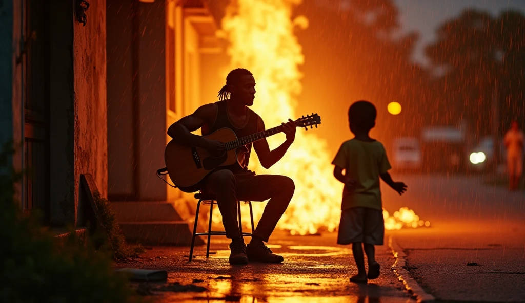 Reggae Jamaica A man alone playing the guitar vialon in a fire flame raining a child standing dancing in Jamaica listening to a man playing the guitar sitting on the sidewalk. Pure reggae vibes very high details, 8k, Depth of field, Behance Photography , cinematic color grading, film composition, hight contrast, 5D, Pixar-style, ultra sharp, global lights, Retouching, 3d, uplight ​
