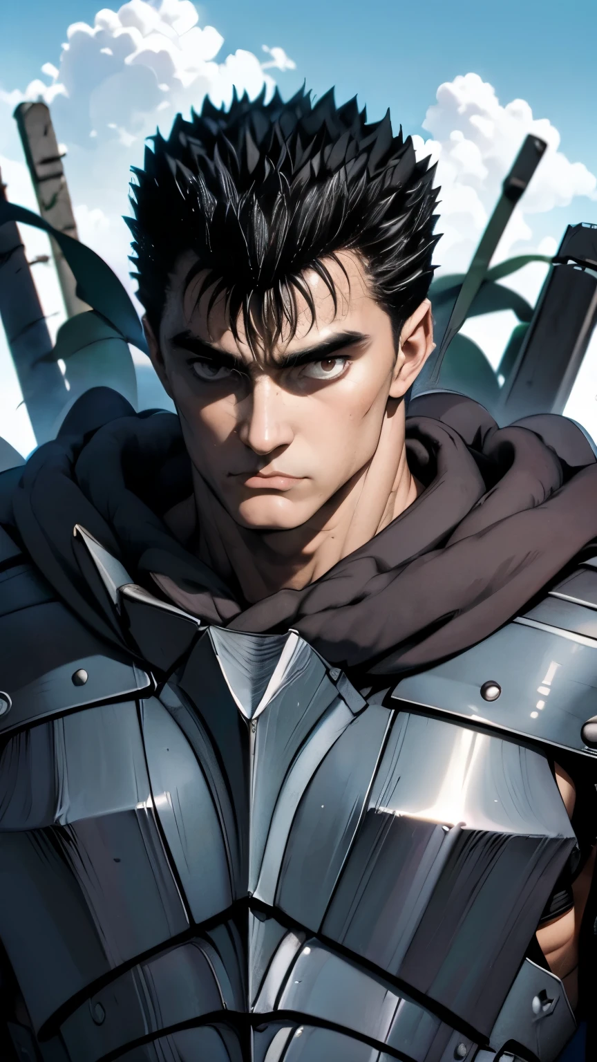 guts \(berserk\)、One person、solo、Model standing、Upper Body、Shout to the sky、anger、black lump、Black armor、forest、masterpiece、Highest quality、最高masterpiece。