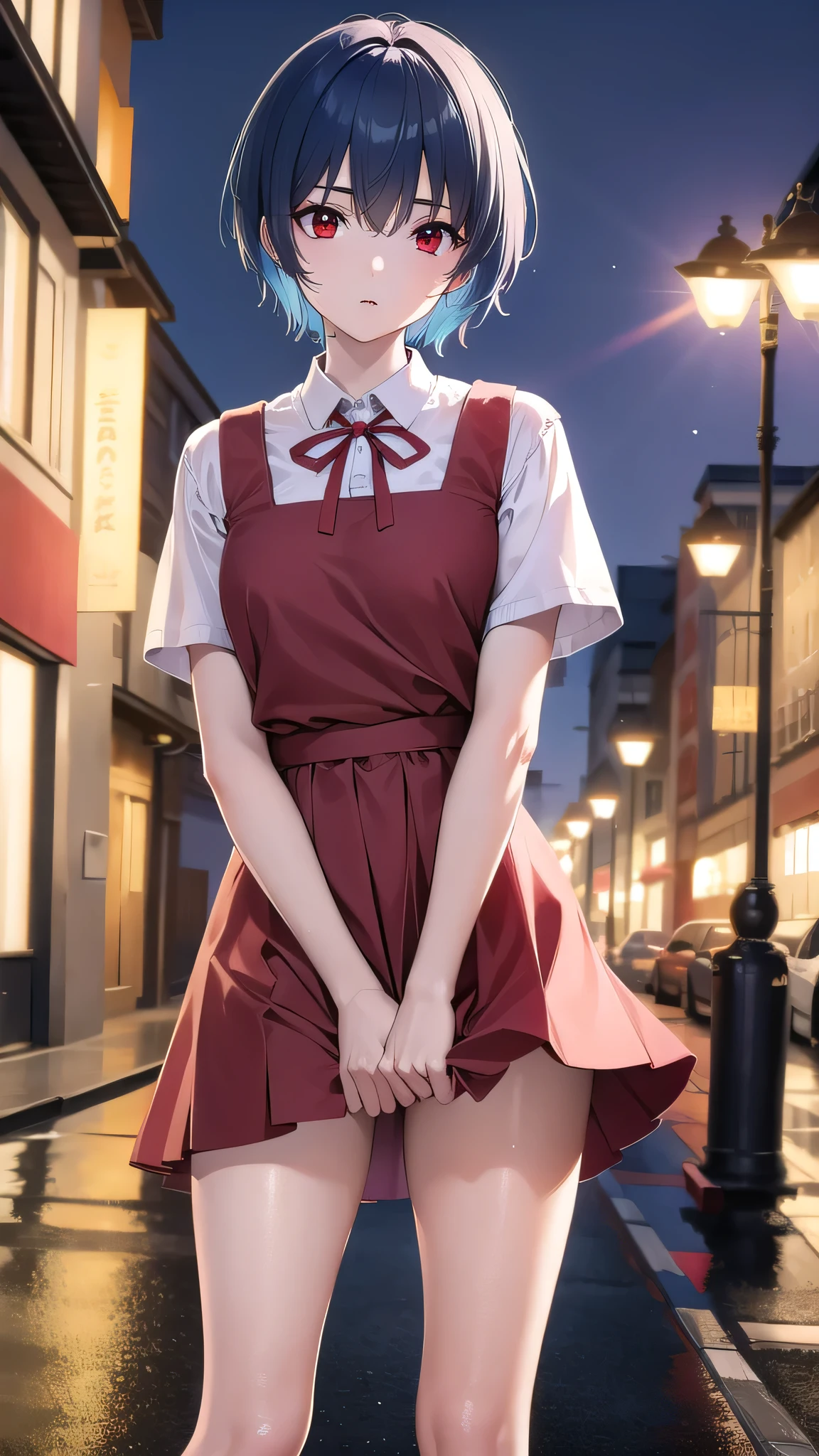 BREAK looking at viewer, BREAK (masterpiece:1.2), best quality, high resolution, unity 8k wallpaper, (illustration:0.8), (beautiful detailed eyes:1.6), extremely detailed face, perfect lighting, extremely detailed CG, (perfect hands, perfect anatomy),city,street,buildings,wet road,soft light,night,rei ayanami, blue hair, short hair, (red eyes:1.5),
blue dress, dress, neck ribbon, pinafore dress, red ribbon, ribbon, school uniform, short sleeves, short-sleeved sweater, sweater,wet uniform,nipples see through,upskirt,showing panties,camel toe.