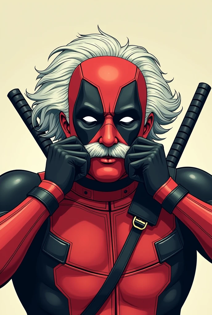 image of the character deadpool removing the mask but with albert einstein&#39;s face underneath the mask
