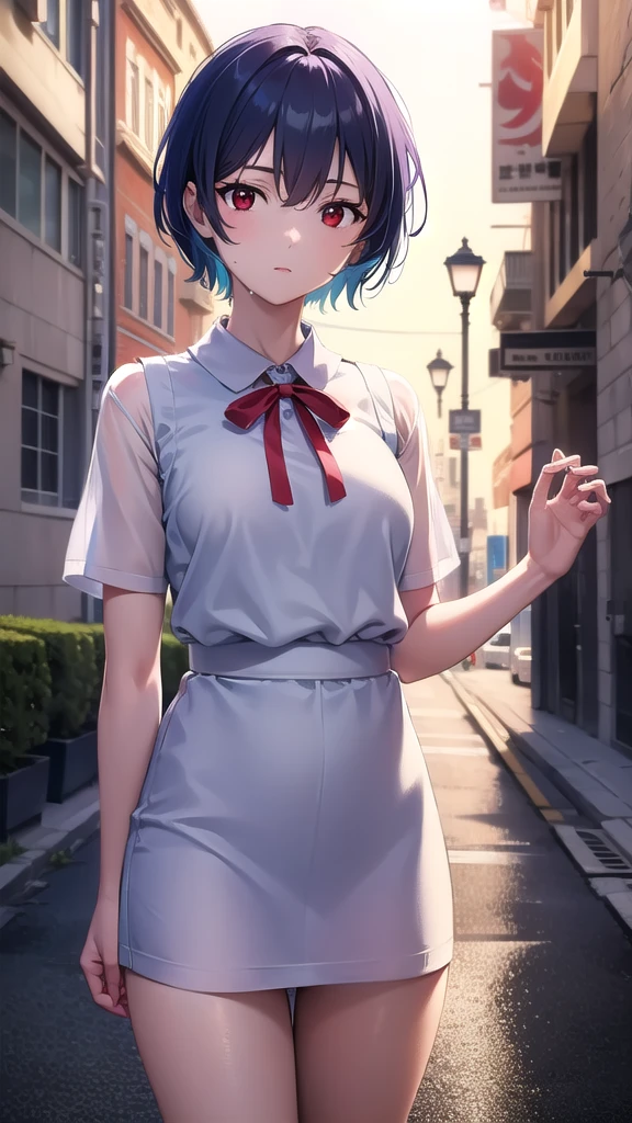 BREAK looking at viewer, BREAK (masterpiece:1.2), best quality, high resolution, unity 8k wallpaper, (illustration:0.8), (beautiful detailed eyes:1.6), extremely detailed face, perfect lighting, extremely detailed CG, (perfect hands, perfect anatomy),city,street,buildings,wet road,soft light,night,rei ayanami, blue hair, short hair, (red eyes:1.5),
blue dress, dress, neck ribbon, pinafore dress, red ribbon, ribbon, school uniform, short sleeves, short-sleeved sweater, sweater,wet uniform,nipples see through,upskirt,showing panties,camel toe.