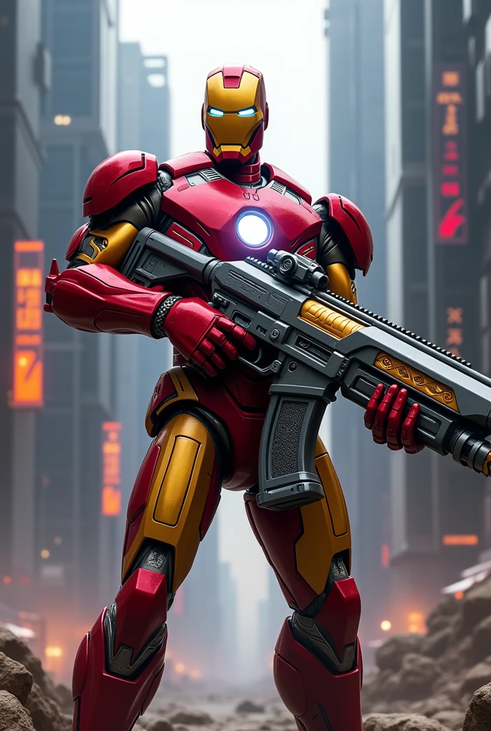 Ironman holding a big high tech gun