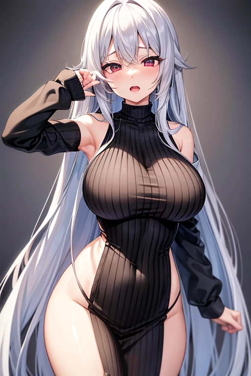 Big Breasts、long hair、Silver Hair、Long sleeve、Vertical knitwear、Black fishnet stockings、Long, slender legs、Emphasize the chest、whole body、High resolution、masterpiece、Highest quality、High-resolution model、Ahegao