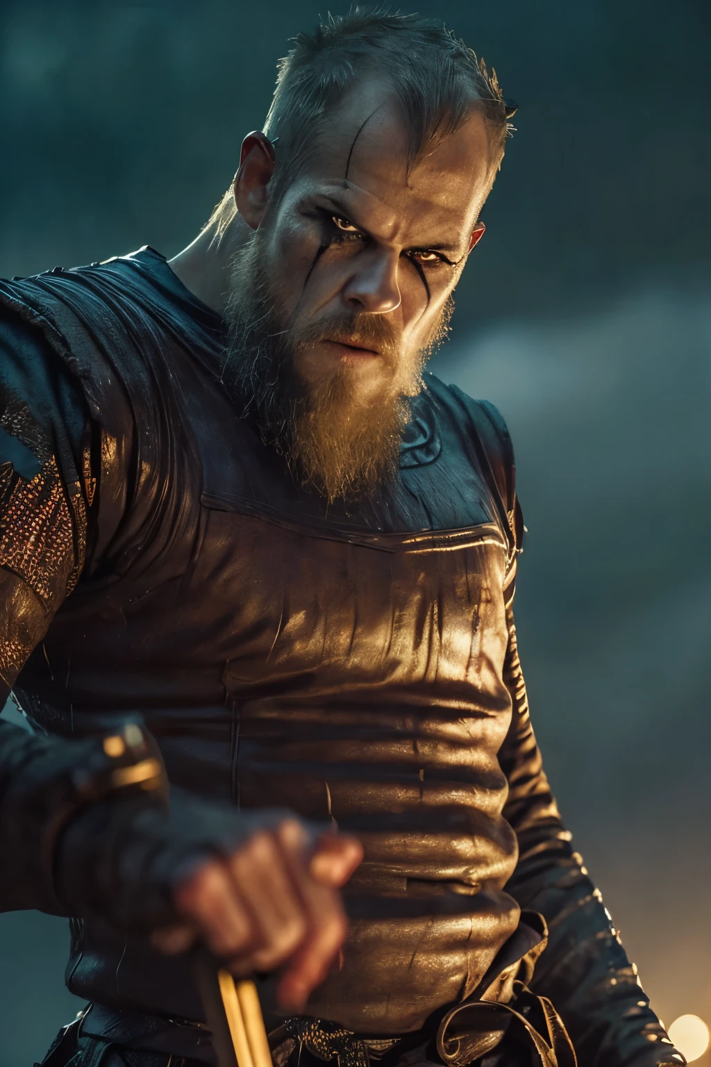 Hyper realistic, ultra detailed, cinematic posterof Floki a viking warrior, old man, 50 years old, (((skinny body))), black makeup on eyes, beard, ((action scene)), in dynamic pose, ((night, rain fall)) , ultra realistic, skin texture, cinematic lighting. (((Cinematic medieval castle and thunder background))) .