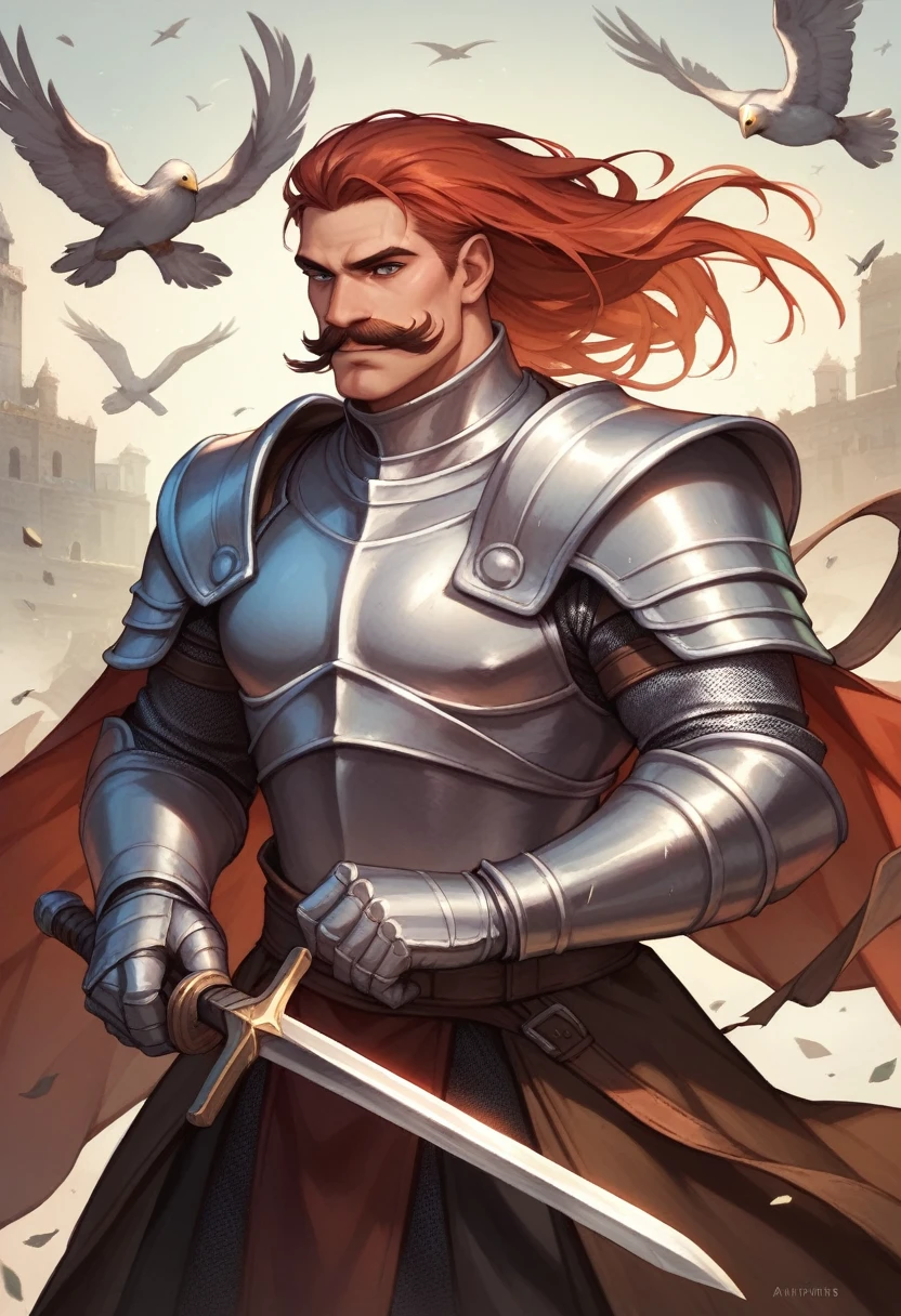 Knight, Eagle on his chest, holding two swords in both hands, Moustache, people in the background, he wears white and red colours