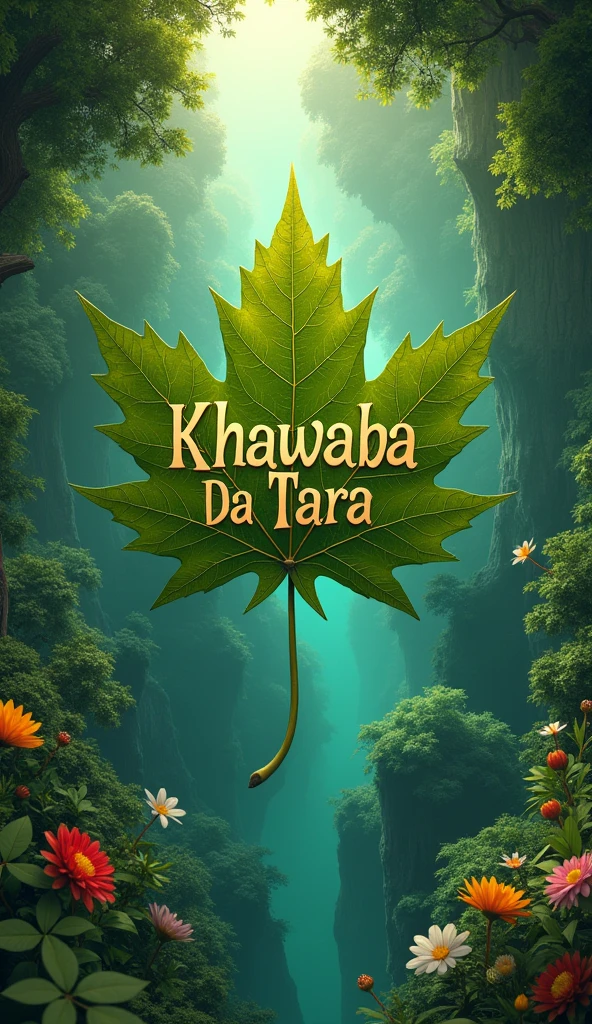There is a le "Khawaba Da Tara" written with beautiful love font, on a beautiful, and fantasy  maple leaf of a mythological tree. A sky view of falling leaf at the ground in the green jungle at the day. Flowers, rivers showing glamour at the background of the leaf. A 3D, Aesthetic, fantasy poster.