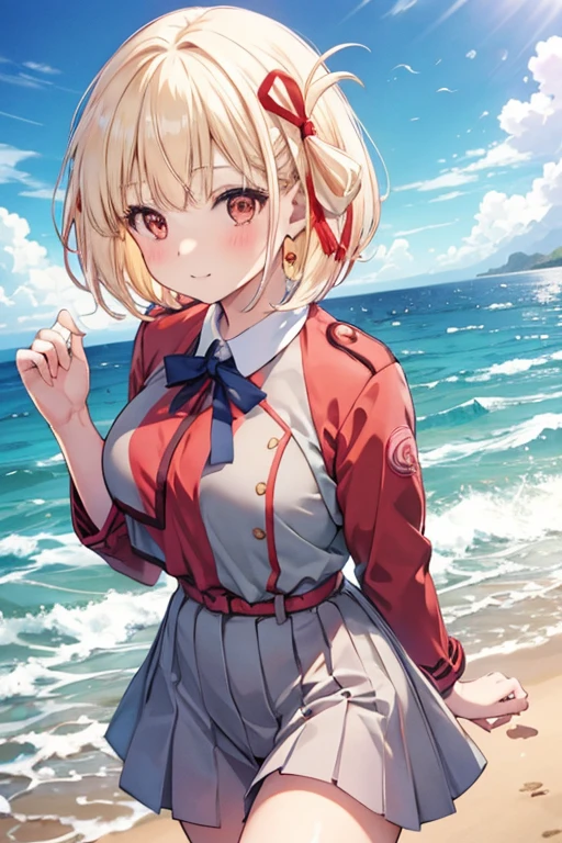 Chisato Nishikigi、Good looking girl (Short blonde hair with square bangs, Big Red Eyes, Red ribbon,blush, Perfect Face), independent , looking at the camera, masterpiece, Anime art style, Cute Characters, Most detailed, high quality、Nico Nico Smile、セクシーなビキニ👙を着ている、Playing in the sea