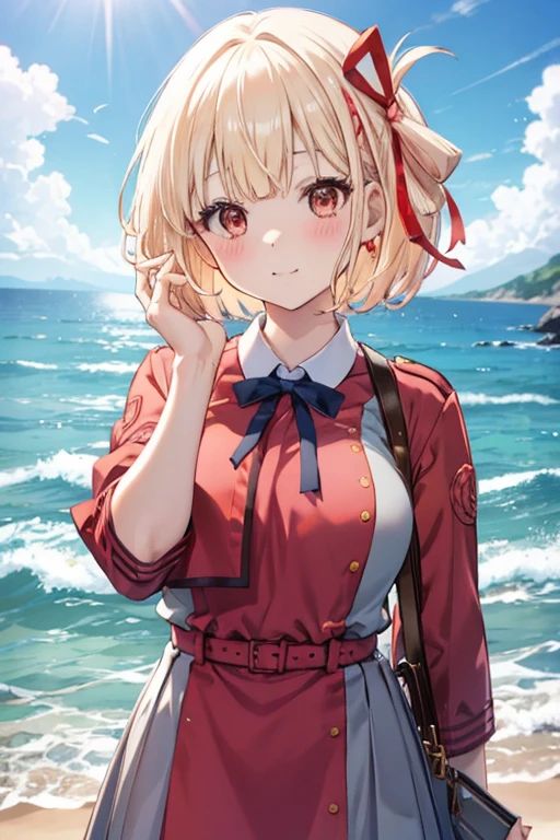 Chisato Nishikigi、Good looking girl (Short blonde hair with square bangs, Big Red Eyes, Red ribbon,blush, Perfect Face), independent , looking at the camera, masterpiece, Anime art style, Cute Characters, Most detailed, high quality、Nico Nico Smile、セクシーなビキニ👙を着ている、Playing in the sea