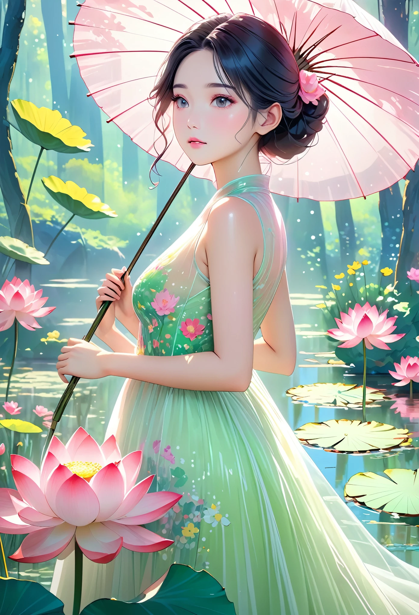 1 big breasted girl,Standing under a giant umbrella-shaped pink lotus,Full body close-up,Black hair,Floating hair,Hazy Beauty,Extremely beautiful facial features,Light green tulle flowing dress,Smooth hair,Surrounded by flowers,Soft light on the face,Perfect anatomical structure,(Flat girly figure,Small Breasts),Colorful flowers,(spring, Wonderful mountain wetlands,in the forest,Mountains), Simple vector art, Chinese Contemporary Art, Soft lighting, Floating tulle towel,Overlooking