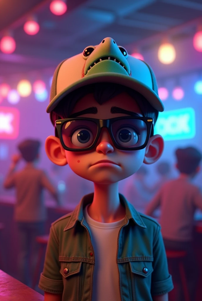 Make a boy men and the expression of the face is grumpy inside the bar disco and have shades and cap of cutie hat dinasour and the background have kumu hunter entertainment make it 3d the size of picture is 500x500