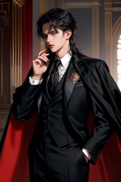 masterpiece, 最high quality, high quality, 1 boy, alone, Male focus, Watching the audience,  Messy black hair, Adorable big blue eyes, White, Noble, Noble,A sexy, voluminous, puffy cape、tuxedo、A very voluminous, large, very large, very large, long, long red and black cape with a high stand-up collar, made of a lot of fabric that reaches down to the floor., ,Cute beautiful boys,Cute, cute, kind, handsome guy