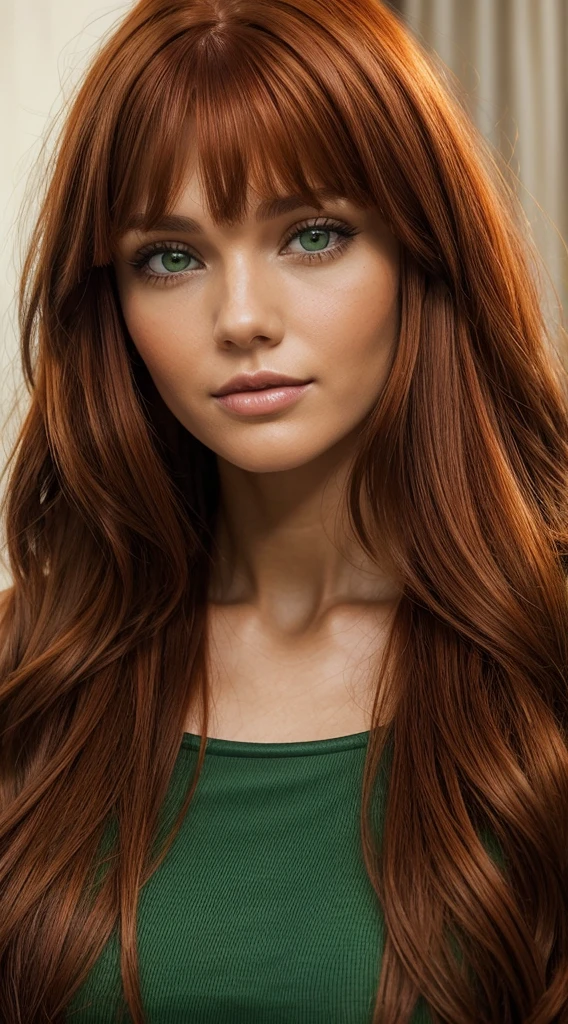 a close up of a woman with long red hair wearing a green top, with a brown fringe, brown long hair with bangs, marta syrko, lorena avarez, blanca alvarez, brown hair with bangs, brown hair and bangs, sultry smirk, with red hair and green eyes, thin long auburn hair, she has long orange brown hair