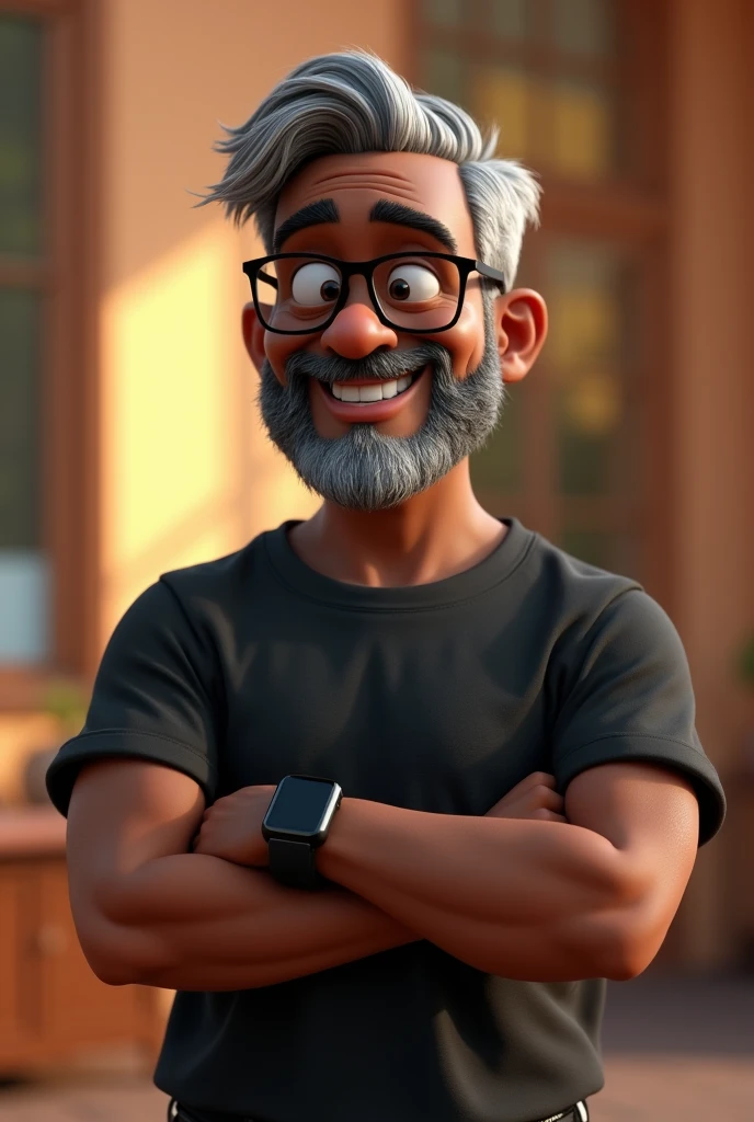 Create a stylized 3D cartoon character of a middle-aged black man with very short hair, wearing modern black glasses. The character should have a broad build but without a belly or muscular physique, and a friendly expression, but not smiling. His skin tone is dark brown with a warm undertone. The man has only two prominent vertical wrinkles on his forehead between his eyebrows. His beard is trimmed and sparse, with more white hairs on the chin and the rest being dark gray. His hair is gray, extremely short on top, styled to the right side, and shaved on the sides. The man has hairy arms and does not wear any accessories or jewelry, except for a black smartwatch. He is looking directly at the camera, not cross-eyed, and not smiling. The man is dressed in an oversized black t-shirt and dark gray pants without a belt. The character should be rendered in a stylized, animation-style, with a Pixar-like quality, using Arnold Maya render or toon Keyshot render. The rendering should be high quality, with cinematic lighting, sharp focus, detailed textures, detailed skin, clay-like finish, and bokeh effects in 8K resolution.