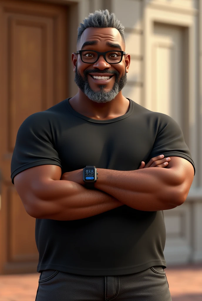 Create a stylized 3D cartoon character of a middle-aged black man with very short hair, wearing modern black glasses. The character should have a broad build but without a belly or muscular physique, and a friendly expression, but not smiling. His skin tone is dark brown with a warm undertone. The man has only two prominent vertical wrinkles on his forehead between his eyebrows. His beard is trimmed and sparse, with more white hairs on the chin and the rest being dark gray. His hair is gray, extremely short on top, styled to the right side, and shaved on the sides. The man has hairy arms and does not wear any accessories or jewelry, except for a black smartwatch. He is looking directly at the camera, not cross-eyed, and not smiling. The man is dressed in an oversized black t-shirt and dark gray pants without a belt. The character should be rendered in a stylized, animation-style, with a Pixar-like quality, using Arnold Maya render or toon Keyshot render. The rendering should be high quality, with cinematic lighting, sharp focus, detailed textures, detailed skin, clay-like finish, and bokeh effects in 8K resolution.