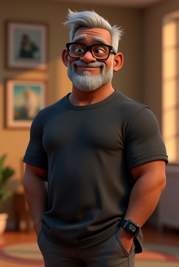 Create a stylized 3D cartoon character of a middle-aged black man with very short hair, wearing modern black glasses. The character should have a broad build but without a belly or muscular physique, and a friendly expression, but not smiling. His skin tone is dark brown with a warm undertone. The man has only two prominent vertical wrinkles on his forehead between his eyebrows. His beard is trimmed and sparse, with more white hairs on the chin and the rest being dark gray. His hair is gray, extremely short on top, styled to the right side, and shaved on the sides. The man has hairy arms and does not wear any accessories or jewelry, except for a black smartwatch. He is looking directly at the camera, not cross-eyed, and not smiling. The man is dressed in an oversized black t-shirt and dark gray pants without a belt. The character should be rendered in a stylized, animation-style, with a Pixar-like quality, using Arnold Maya render or toon Keyshot render. The rendering should be high quality, with cinematic lighting, sharp focus, detailed textures, detailed skin, clay-like finish, and bokeh effects in 8K resolution.