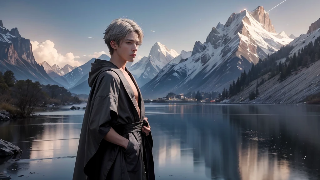 masterpiece,Game Art,Best picture quality,Maximum resolution,8k,(Upper Body),Unreal Engine 5 rendering works,(Digital Photography),(Boy boxing),Short hair details,(The eyes are very delicate),(Has short grey hair:1.4),(Perfect body),(Black robe),(background:mountain peak),light,night,Ray Tracing,RAW photos,((3D Unreal Engine)),OC rendering reflection mode