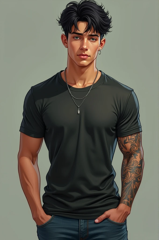 Yep, I can describe his physicality.

His age is 23. He's tall with muscular physique. He has black hair and green eyes. He also has a tattoo and a simple silver chain earring. He typically dresses in a top-fitting shirt and jeans.