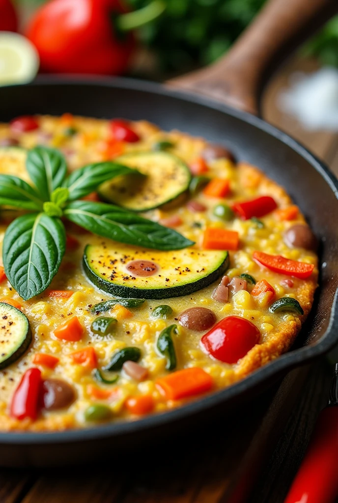 Create drawings of each of this preparation 1. In a non-stick pan, Heat a little olive oil over medium heat.
2. Add the chopped onion and peppers (Red and green) and cook until tender.
3. Add the diced zucchini and grated carrot, and cook for a few minutes until the vegetables are tender but still crisp..
4. In a bowl, Beat the eggs and season with salt and pepper to taste..
5. Pour the beaten eggs over the vegetables in the pan..
6. Cook the tortilla over medium-low heat, moving the pan slightly so that the eggs are evenly distributed.
7. When the edges are golden and the top is almost cooked, Place a large plate over the pan and flip the tortilla over to cook the other side..
8. Cook for a few more minutes until the tortilla is golden and fully cooked..
9. Remove the tortilla from the heat, Cut it into portions and serve hot..