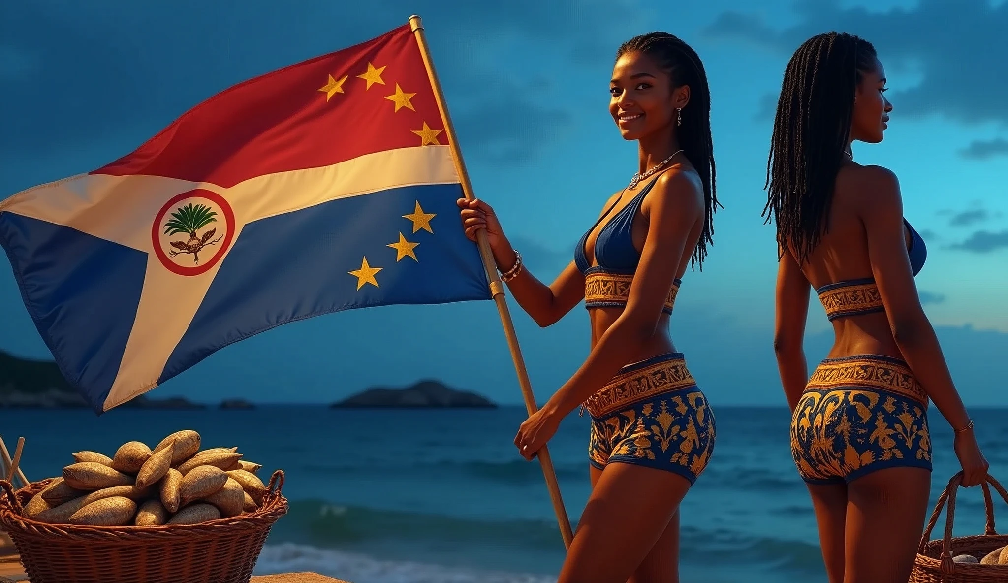 A woman with brown skin, dressed in the colors of the Cape Verde flag, symbolizing peace, unity, determination, and spirit. She is wearing a golden belt with discreet tribal elements in reference to Cape Verdean culture. She is holding the Cape Verde flag, smiling, and holding a basket of fresh fish. She is set against a background of the sea and the islands of Cape Verde at night. Appearance: Colors: Deep blue, white, and red. Ten golden stars represent the 10 main islands of Cape Verde. She has the same style of clothing, short hair, and practical footwear in all views. She has strong afro hair falling in dreadlocks but braided. Views: Full body view, full plan, front view, rear view, character design, multiple views and poses, various points of view, of a character, full body, character with less, style of clothing, in the same hair style, less type of footwear.