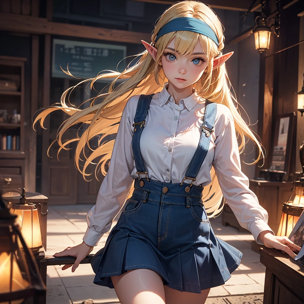 CG, Unity, 8k, wallpaper, Highest quality, masterpiece, Lovely lady, 18-year-old, (Realistic), Best lighting, Complex pupil, Intricate weaving, Elf Girl、A composition that shows the whole body,One Woman,Full Body、Blue skirt and headband,Blonde,Overalls Skirt