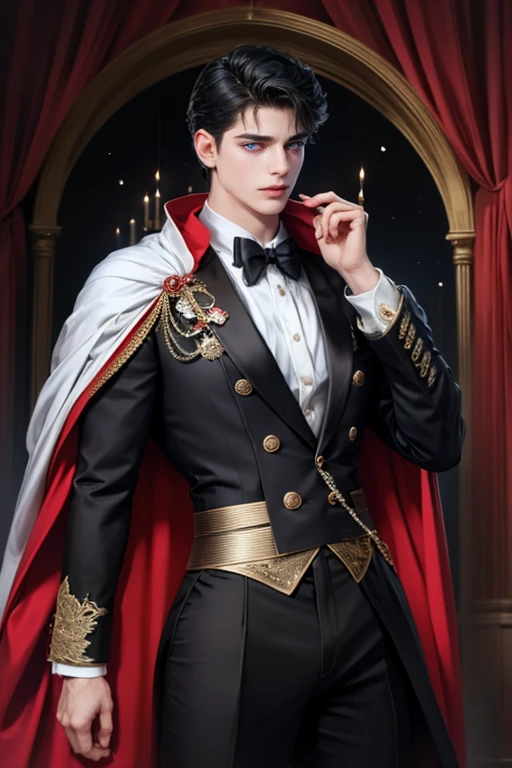 masterpiece, 最high quality, high quality, 1 boy, alone, Male focus, Watching the audience, Messy black hair, Adorable big blue eyes, White, Noble, Noble,A sexy, voluminous, puffy cape、tuxedo、A very voluminous, large, very large, very large, long, long red and black cape with a high stand-up collar, made of a lot of fabric that reaches down to the floor., ,Cute beautiful boys,Cute, cute, kind, handsome guy