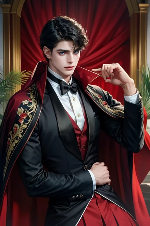 masterpiece, 最high quality, high quality, 1 boy, alone, Male focus, Watching the audience, Messy black hair, Adorable big blue eyes, White, Noble, Noble,A sexy, voluminous, puffy cape、tuxedo、A very voluminous, large, very large, very large, long, long red and black cape with a high stand-up collar, made of a lot of fabric that reaches down to the floor., ,Cute beautiful boys,Cute, cute, kind, handsome guy