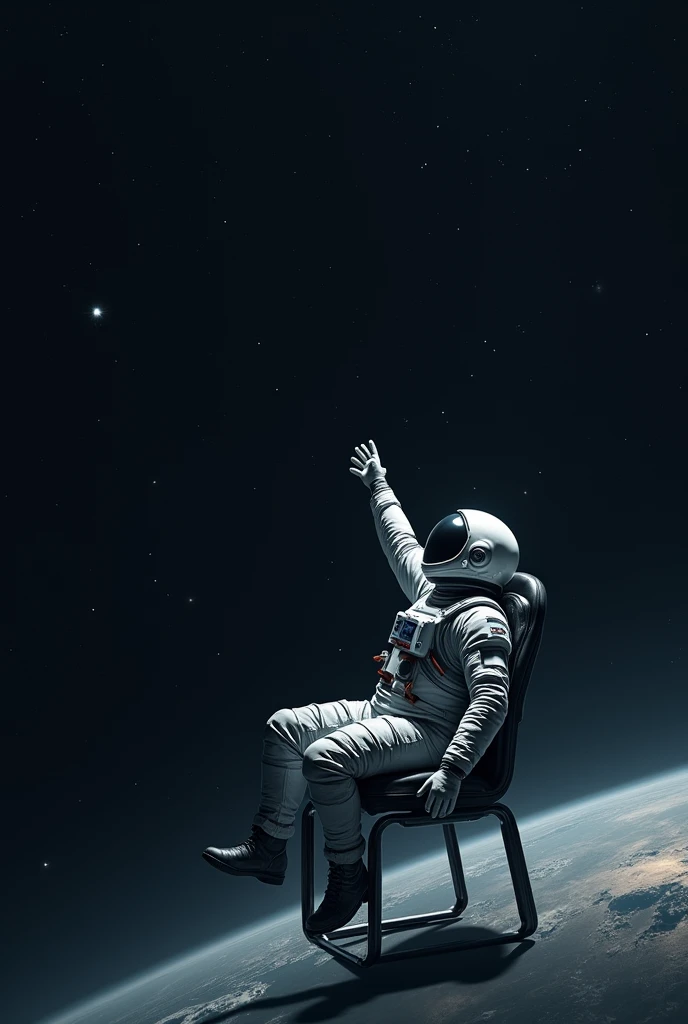In the air, wearing a space suit, he sits on a backless chair, looks up at the sky and tries to reach out