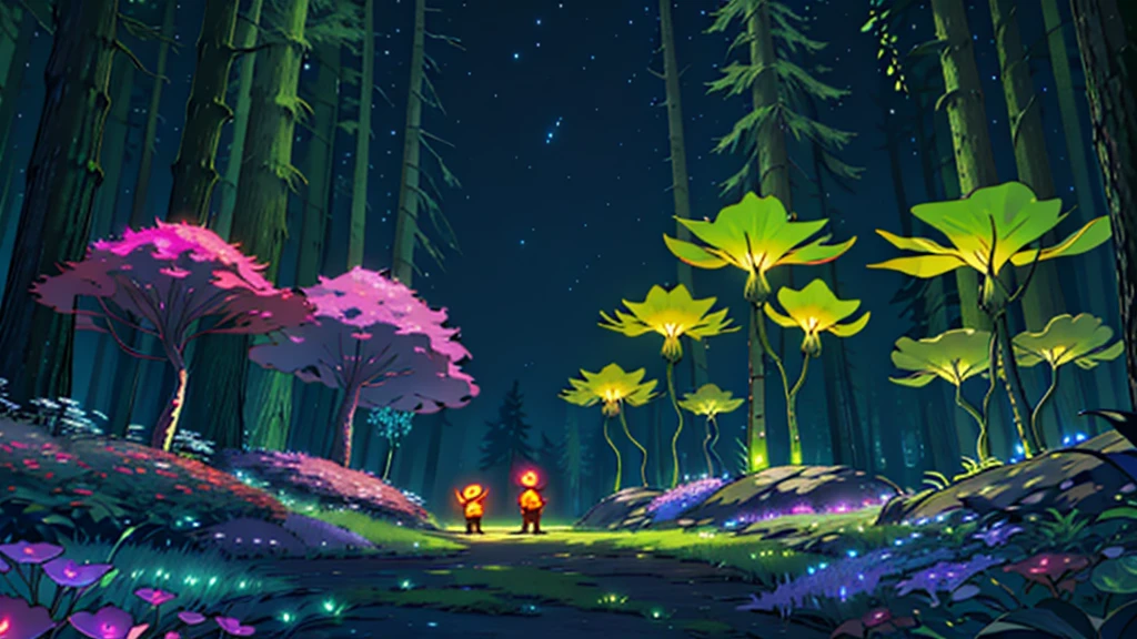 2d infinite background sprites,forest at night, trees, fireflies, carnivore glowing plants, glowing, game sprite, scrolling, landscape, 16:9, continuous