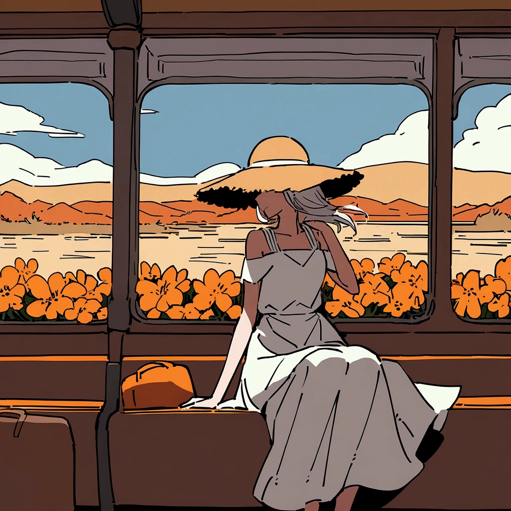 woman in white dress flat color simple suitcase travel orange flower sitting on train seat beautiful scenery swaying in the wind straw hat