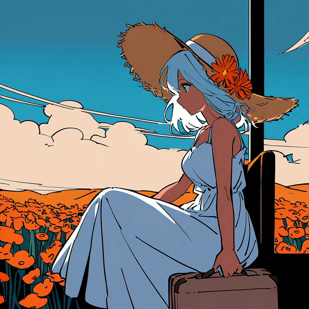 woman in white dress flat color simple suitcase travel orange flower sitting on train seat beautiful scenery swaying in the wind straw hat