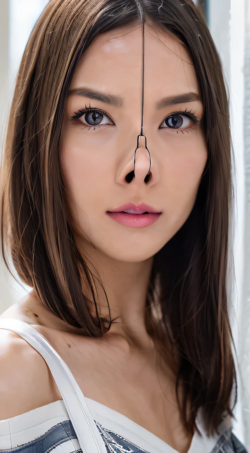 Beautiful and attractive woman in fashion trends, ,(Highest quality realistic textured skin:1.4), Beautiful Eyes, Detailed face, High quality eyes, Focus your eyes, Nose and mouth,Face Focus, Super Face close-up gentle and charming Chinese beautiful woman, Delicate and sexy collarbone, Attractive oval face, double eyelid,, Pink Lips, Small Nose, Expose your shoulders, Focus on the face, Face close-up, Ultra-high resolution, Very detailed, Full body photo, Ultra-thin and transparent, The white off-shoulder shirt and light blue slit skirt are a perfect match..., Fresh and delicious, And see through,Cinema Lighting,Rim Light,Bobcut,