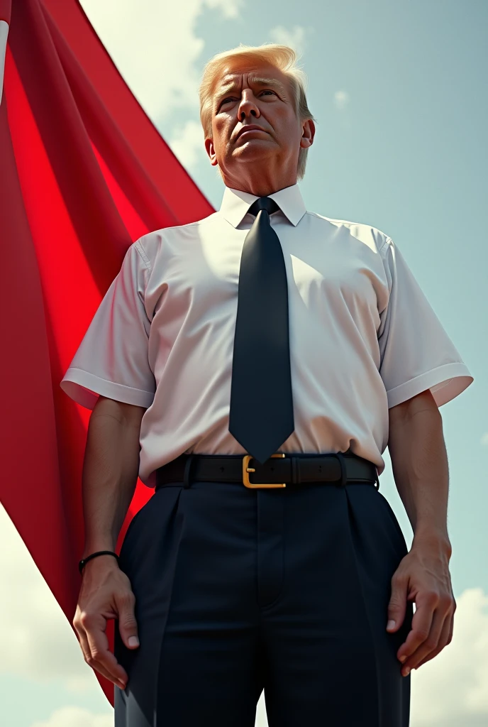President standing holding flag Wearing a black tie and white shirt
