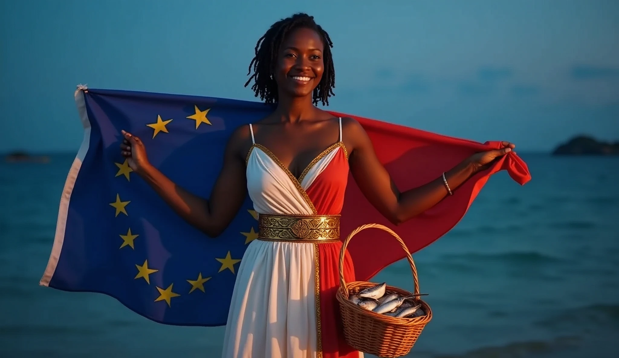 A woman with brown skin, dressed in the colors of the Cape Verde flag, symbolizing peace, unity, determination, and spirit. She is wearing a golden belt with discreet tribal elements in reference to Cape Verdean culture. She is holding the Cape Verde flag, smiling, and holding a basket of fresh fish. She is set against a background of the sea and the islands of Cape Verde at night. Appearance: Colors: Deep blue, white, and red. Ten golden stars represent the 10 main islands of Cape Verde. She has the same style of clothing, short hair, and practical footwear in all views. She has strong afro hair falling in dreadlocks but braided. Views: Full body view, full plan, front view, rear view, character design, multiple views and poses, various points of view, of a character, full body, character with less, style of clothing, in the same hair style, less type of footwear.
