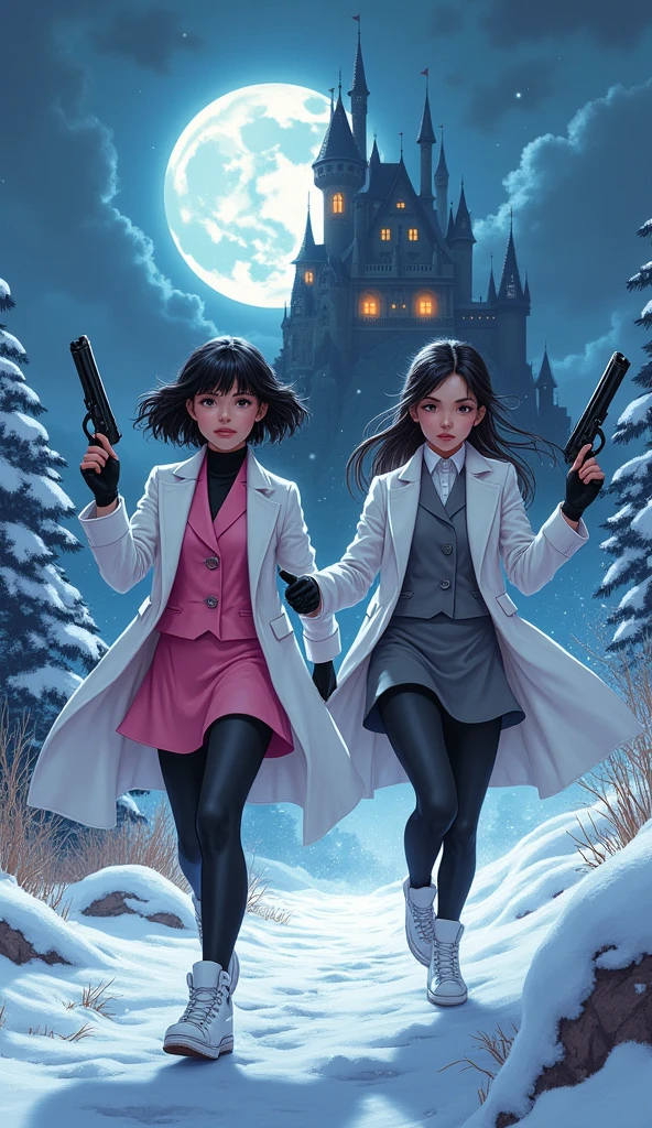Two girls, yuri, Vampire Hunters
The first girl wear a white long coat, pink suit, pink shirt, pink pencil skirt, black underpants, black tights, black gloves, black socks, white sneakers high top.
The second girl wore a white long coat, grey suit, grey shirt, grey pencil skirt, black underpants, black tights, black gloves, black socks, white sneakers high top.
holding a handguns, running on the snow, vampire castle, fantastic night sky, moon, cartoon novel, 4K, HD