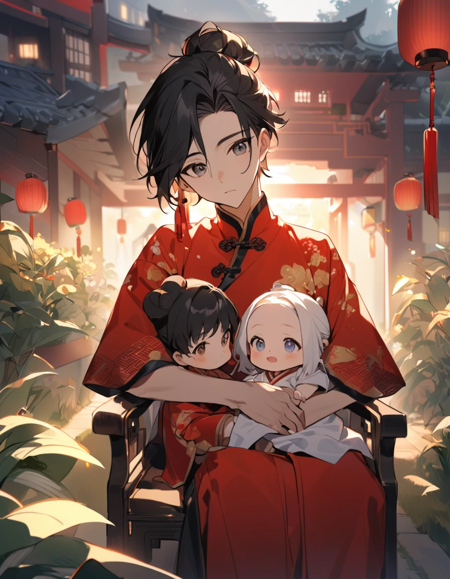 a handsome young man with good face and gentle face, wearing a white ancient Chinese costume, sitting on chair, hugging his adorable Chibi baby girl 1 year old, who is 1 year old, with black hair in a red Chinese new year costume, int he morning, there is sunlight shining in the front yard garden , smiling.