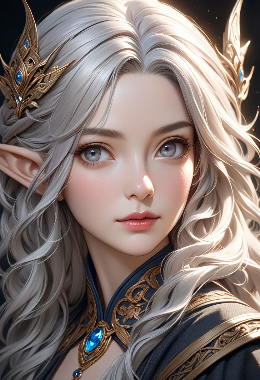 A mature elf woman with silver hair and grey eyes, intricate detailed portrait, elegant and mysterious wizard, highly detailed, fine art portrait, photorealistic, ultra-detailed, lifelike, hyper detailed, 8k, dramatic lighting, cinematic composition, beautiful, elegant, serene