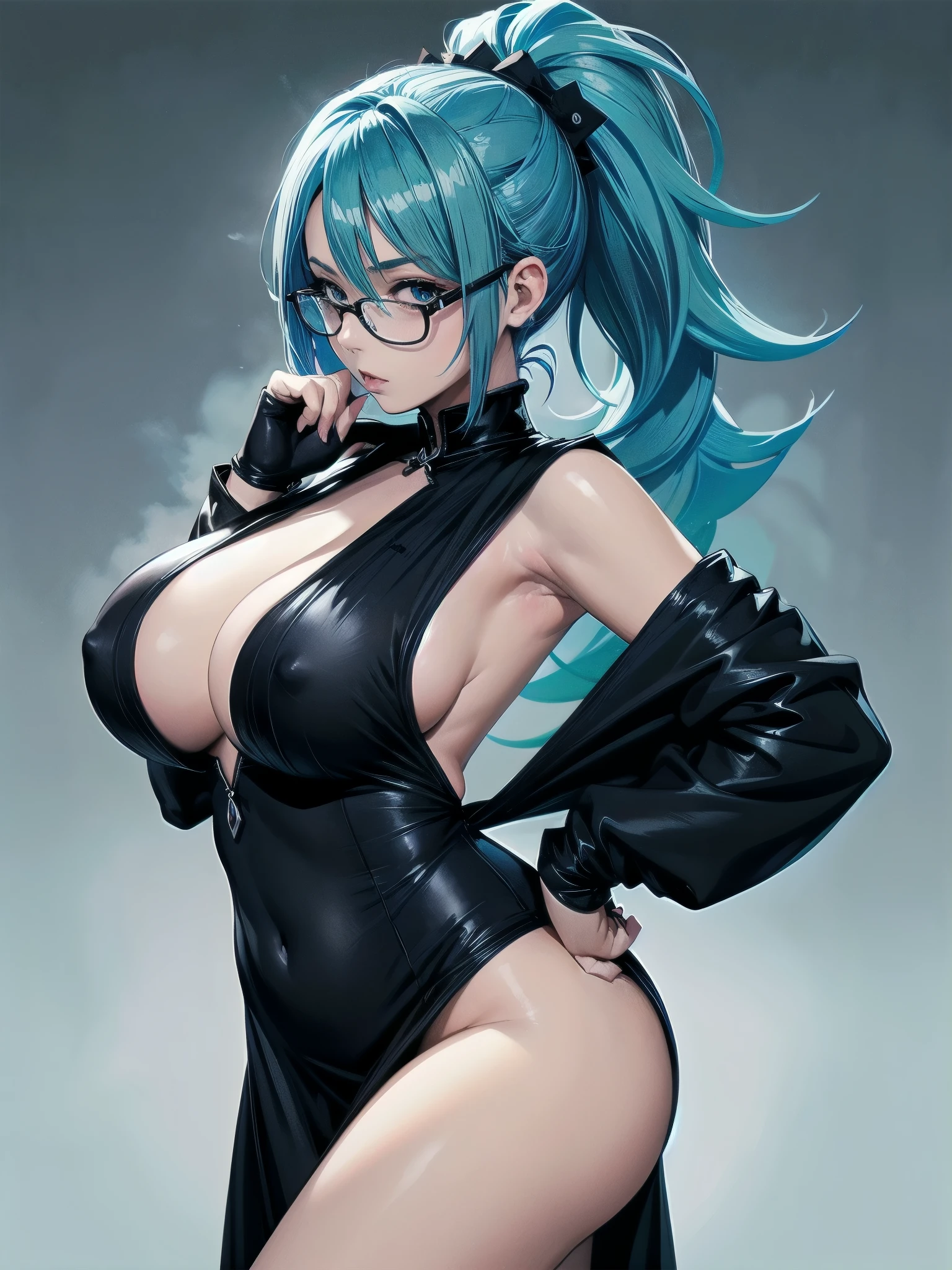 solo, One person, Blue Hair/Light blue hair, ponytail, Large , tooth, Cowboy Shot, Wear glasses, Sexy po Background blur, Anime Style, Black Gothic Dress, masterpiece, High resolution, accurate, Anatomically correct, Ultra high definition, Very detailed,