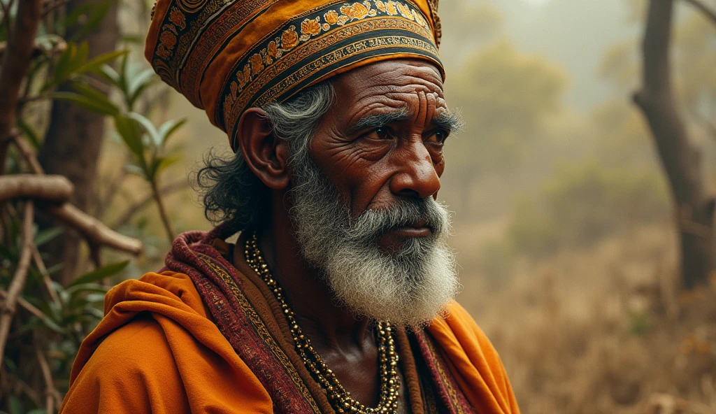(African folktale) the king dedicating the rest of his life to healing the wounds he had caused.
The king is an old wise man, dressed in regal buth worn-out attire ,
His expression is a mix of sorrow and anxious
