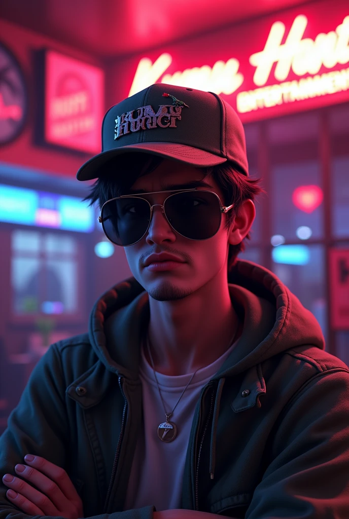 Make a boy men and the expression of the face is grumpy inside the bar disco and have shades and cap of cutie hat dinasour and the background have nane “kumu hunter entertainment” make it 3d the size of picture is 500x500
