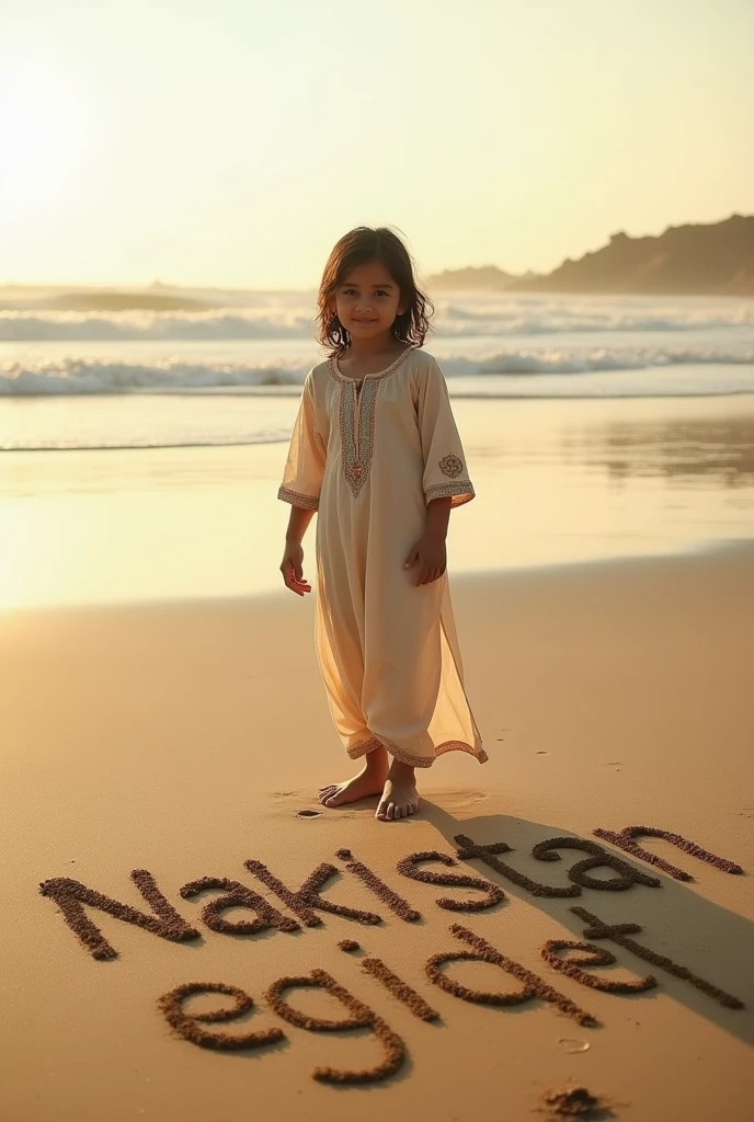 a Pakistani girl on Independence day writing in sand the words "neo studios.pk". background is slightly overexposed
