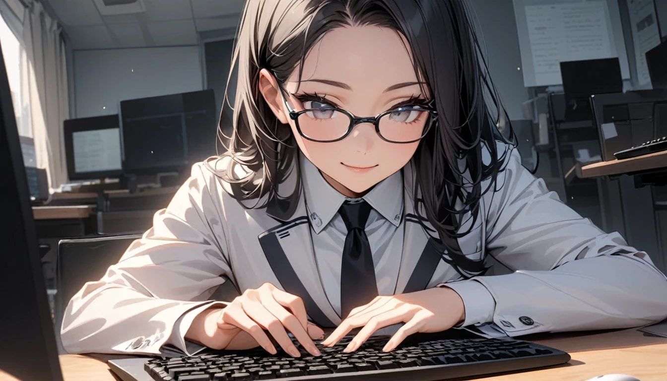 パソコンで仕事をするProfessionalグラマー,Portraiture,Professional,Wearing a smart suit,Stylish glasses,Typing on a sophisticated computer,Use a wireless mouse,Sitting at a modern desk,A soft smile,Soft natural light,High resolution,High resolution,Very detailed.One Woman ,alone, Beautiful black hair ,Undistorted keyboard, focusing