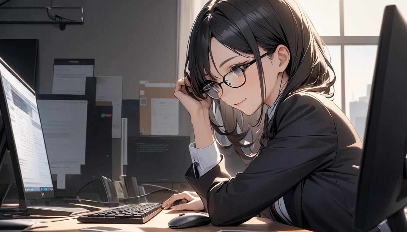 パソコンで仕事をするProfessionalグラマー,Portraiture,Professional,Wearing a smart suit,Stylish glasses,Typing on a sophisticated computer,Use a wireless mouse,Sitting at a modern desk,A soft smile,Soft natural light,High resolution,High resolution,Very detailed.One Woman ,alone, Beautiful black hair ,Undistorted keyboard, focusing