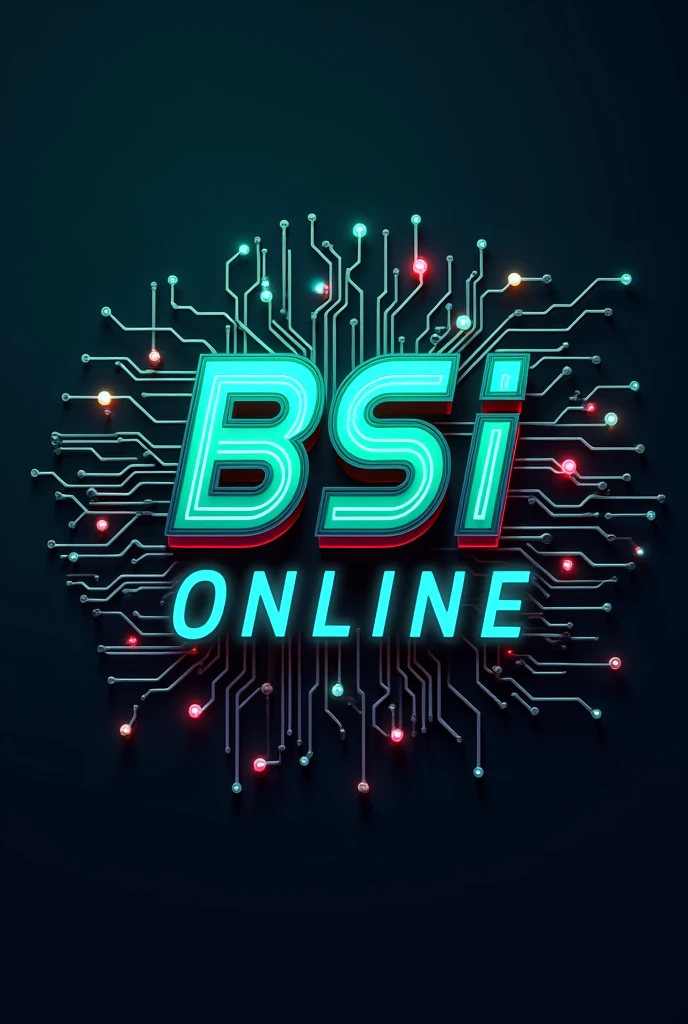 Generate a logo like the information technology theme with initials: BSI ONLINE. The color palette has to be blue, green and red, with 3d effect. Place computer circuits connecting the letters and other technology elements as connection networks.