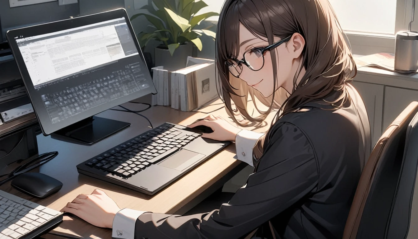 パソコンで仕事をするProfessionalグラマー,Portraiture,Professional,Wearing a smart suit,Stylish glasses,Typing on a sophisticated computer,Use a wireless mouse,Sitting at a modern desk,A soft smile,Soft natural light,High resolution,High resolution,Very detailed.One Woman ,alone, Dark brown hair ,Undistorted keyboard, focusing