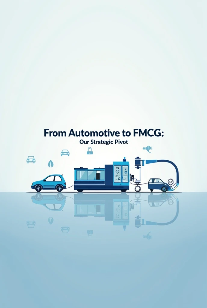 Visual Theme: Clear transformation.
Background: A seamless gradient background with a few simple icons showing the shift from automotive to FMCG—such as a car icon on the left morphing into a bottle icon on the right.
Central Image: A single, bold icon of a machine transforming from producing auto parts to FMCG products.
Overlay Text: "From Automotive to FMCG: Our Strategic Pivot."
Company Logos: JSG logo in the lower right corner.