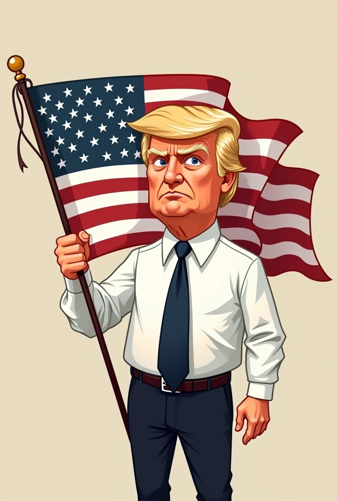 Cartoon of a President standing holding a flag Wearing a black tie and white shirt